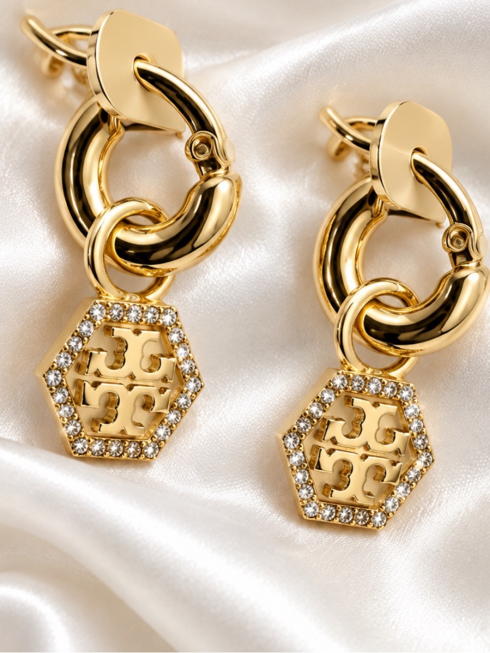 ❌PRICE DROP❌TORI BURCH HUGGIE PAVE HEXAGONAL/JEWEL-STUDDED EARRINGS.